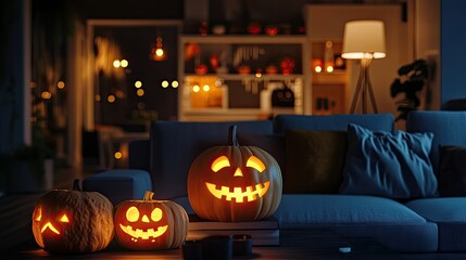 Fototapeta premium Cozy Living Room with Pumpkin Decorations for Halloween