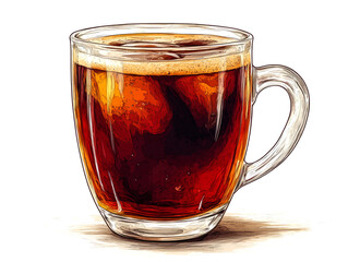 A glass mug filled with a dark, carbonated beverage with a foamy head.