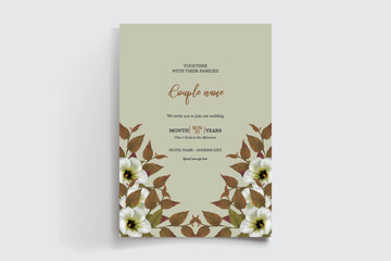WEDDING INVITATION FRAME WITH FLOWER DECORATIONS AND FRESH LEAVES 