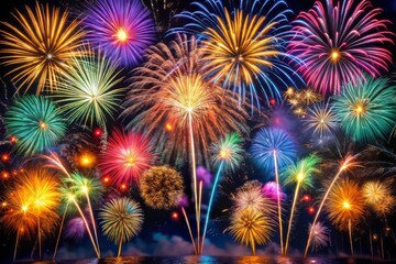 Fototapeta premium Vivid fireworks bursts in a breathtaking double exposure photography style, creating stunning visuals perfect for celebrations and festive occasions that captivate and inspire joy.