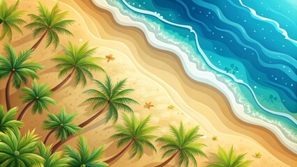 Vivid flat design of a summer beach scene featuring palm trees, a clear blue sky, and gentle waves, perfect for relaxation-themed graphics or backgrounds.