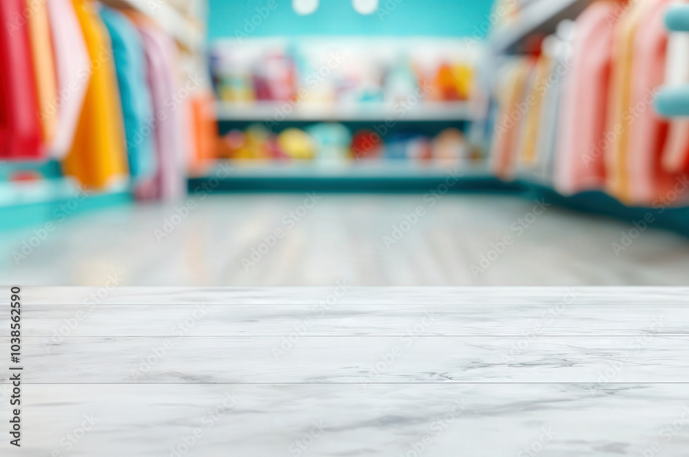 Poster Empty white table displaying blurred clothes store background