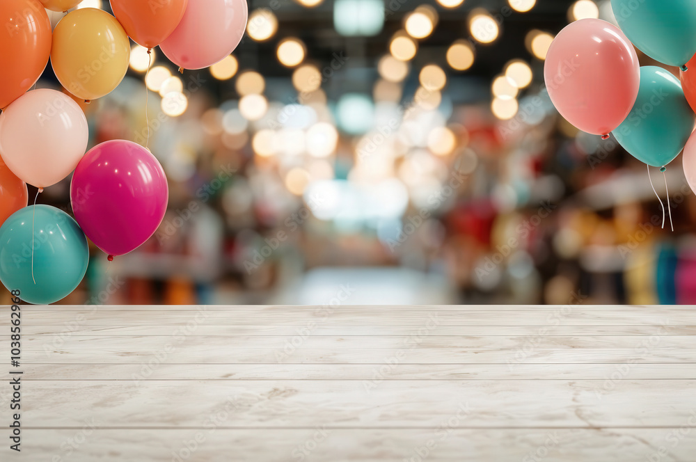 Poster empty wooden table with colorful balloons floating on blurred shopping mall background