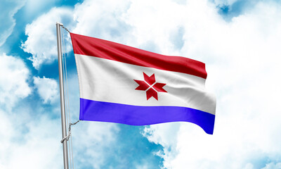 Mordovia flag waving on sky background. 3D Rendering