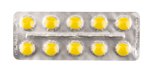 blister pack of yellow pills isolated on a transparent background