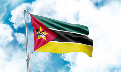 Mozambique flag waving on sky background. 3D Rendering