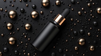 Elegant black serum bottle surrounded by golden droplets on a textured surface a luxurious beauty composition