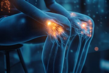 Neon-lit human knee joints highlight pain in a digital space