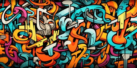 Obraz premium A colorful graffiti wall with many different shapes and letters background.