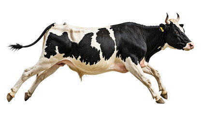 A black and white cow with a yellow ear tag is walking towards the right side of the image, its tail flowing behind it, against a stark white background