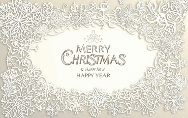 Greeting card design with "MERRY CHRISTMAS & HAPPY NEW YEAR" in elegant fonts, framed by intricate snowflakes in a flat line art style