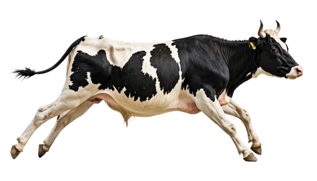 A black and white cow with a yellow ear tag is walking towards the right side of the image, its tail flowing behind it, against a stark white background - Powered by Adobe