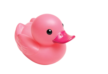 A single, pink inflatable rubber duck with a black beak and eye, facing right, is the central focus of a white background, creating a vibrant and playful scene
