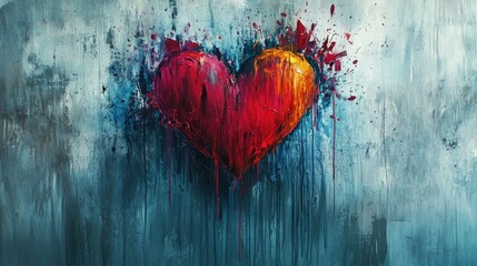 A broken heart illustration in vibrant colors, painted on a canvas with drips and splatters, showcasing the emotions of heartbreak.