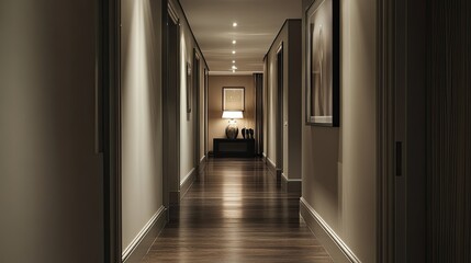 Elegant Hotel Corridor with Soft Lighting and Art