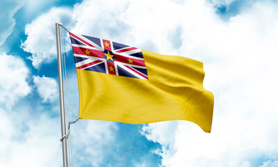 Niue flag waving on sky background. 3D Rendering