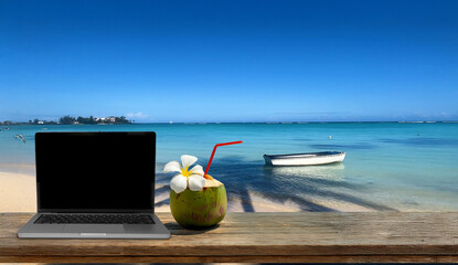 Digital Nomad life in Tropical Island, and remote work in Mauritius Island, working with laptop in front of beach © karacacennet