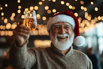 A joyful elderly man wearing a Santa hat raises a glass of wine amidst festive lights, embodying holiday cheer and celebration in a warm ambiance.