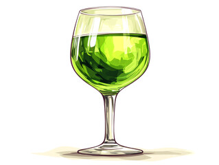 A glass of green liquid, possibly a cocktail or juice, on a white background.