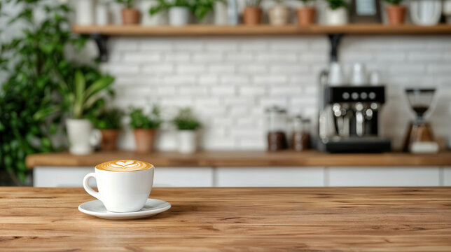 Cappuccino is standing on a wooden table in a cafe with a coffee machine in the background