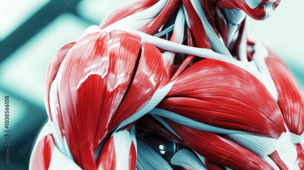 Poster this close-up captures a vivid representation of red and white muscle fibers, emphasizing their anat