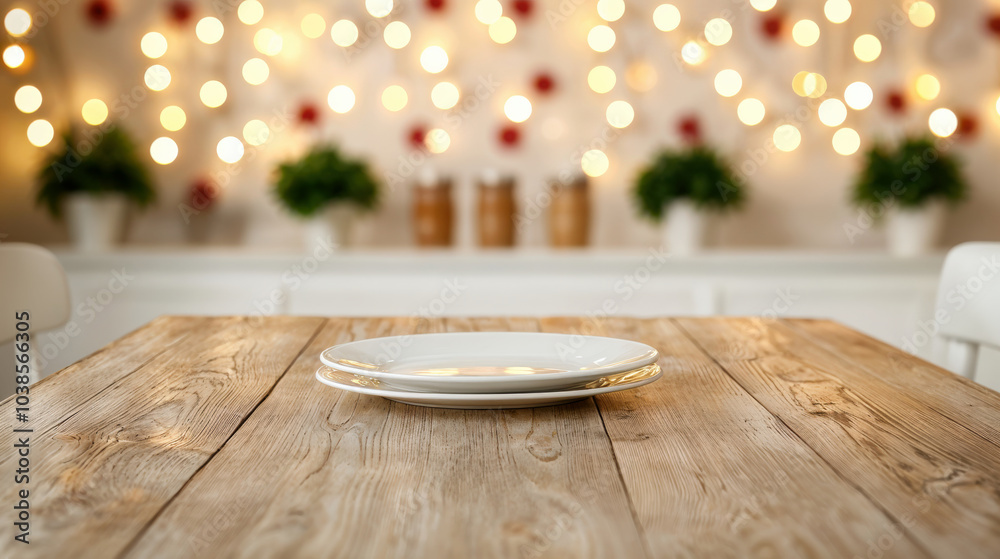 Poster empty plates setting on a wooden table top with a blurred christmas lights background