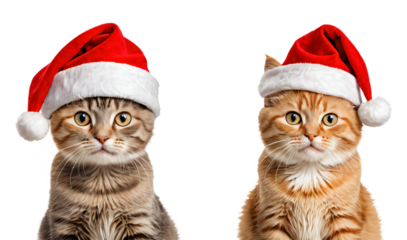 Three black cats with unique fur patterns wear Santa hats, sitting side by side against a white background, creating a festive and harmonious scene