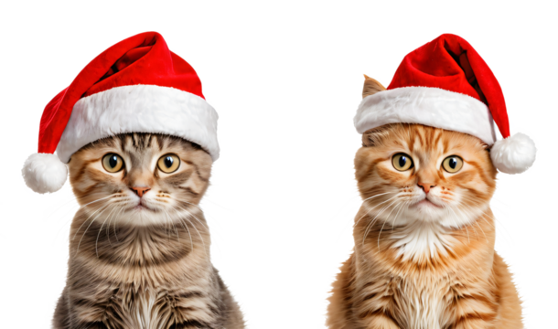 Three black cats with unique fur patterns wear Santa hats, sitting side by side against a white background, creating a festive and harmonious scene