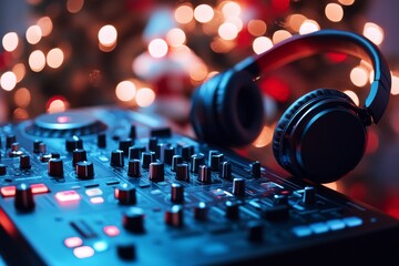 DJ turntables and headphones are showcased, creating a vibe of modern music production, with a...