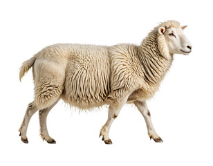 Fototapeta premium A single, white sheep with a thick, wet coat and a slightly curved tail stands on all fours, facing right and gazing upwards, against a stark white background
