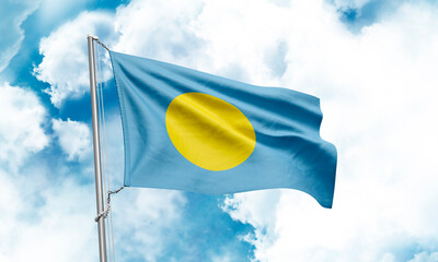 Palau flag waving on sky background. 3D Rendering