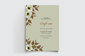 WEDDING INVITATION FRAME WITH FLOWER DECORATIONS AND FRESH LEAVES 