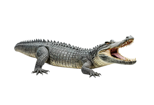 A toy alligator lies on its side, its head turned to the right, with its mouth open, revealing sharp teeth and a gray body, against a white background