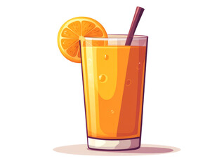 A glass of orange juice with a straw and a slice of orange on the rim.