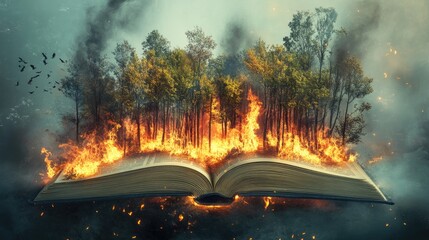 A surreal scene of a burning forest growing from an open book, symbolizing the intersection of knowledge