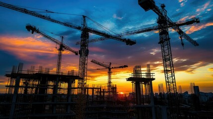 Dynamic Sunset Over Construction Site with Cranes