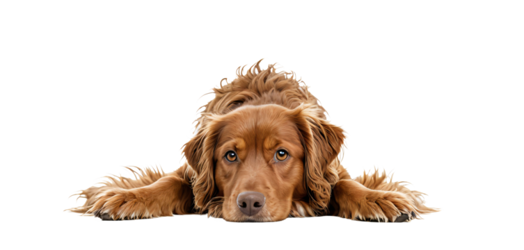 A brown dog with curly fur lies on its side, its head resting on its paws, gazing directly at the camera, against a white background, creating a serene and tranquil scene