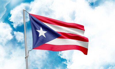 Puerto Rico flag waving on sky background. 3D Rendering