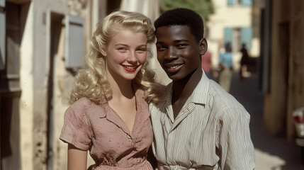 Fototapeta premium In the 1950s, a young blonde French woman and her African American friend smile as they stroll through the streets of the French Riviera