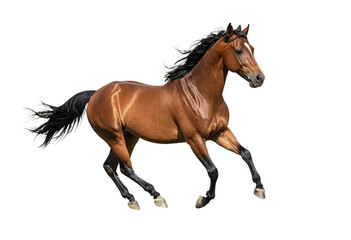 Obraz premium A majestic brown horse gallops freely on all fours, its black mane flowing freely and tail swaying, against a stark white background, showcasing its strength and grace