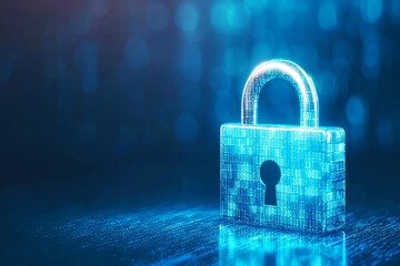Digital padlock surrounded by binary code on dark background, symbolizing security.