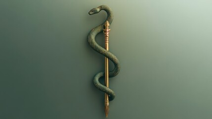 Obraz premium A minimalist rendering of the Rod of Asclepius, with a snake gently coiling around the staff, in soft green and gold, symbolizing healing and medicine