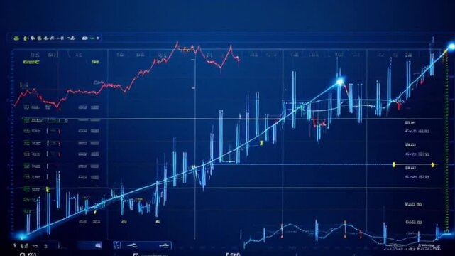A computer screen that displays various graphs and data analysis. A businessman analyst scrutinizes digital financial data graphs, employing advanced technology to make insightful investment decisions