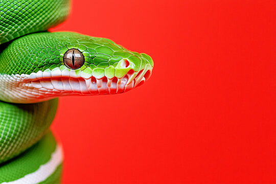 emerald green tree python coiled on minimalist red background