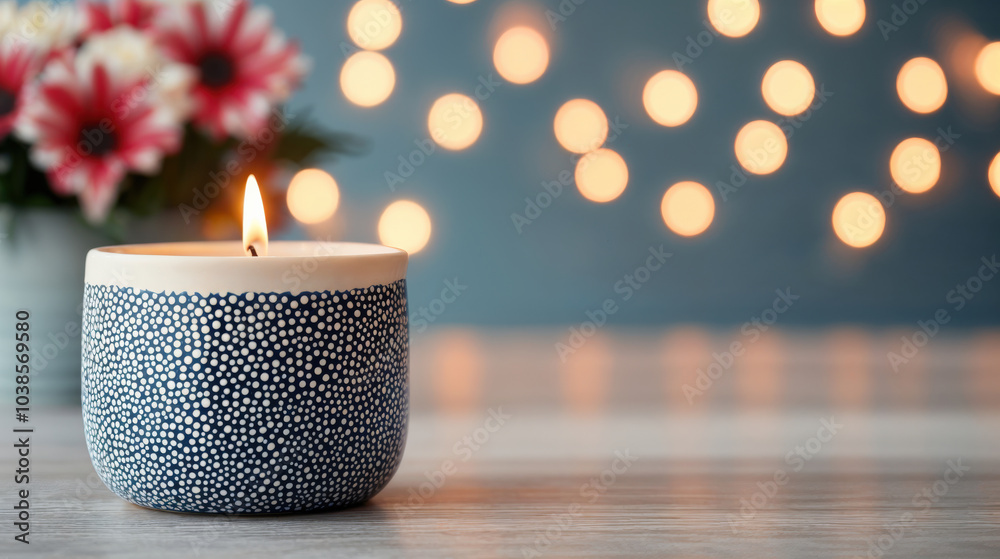 Poster Burning scented candle creating cozy atmosphere on empty table with fairy lights on background