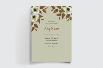 WEDDING INVITATION FRAME WITH FLOWER DECORATIONS AND FRESH LEAVES 