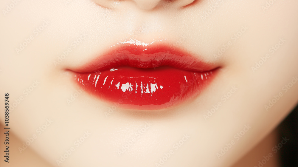 Aufkleber 若いアジア人女性の唇のクローズアップ。潤いのある赤い色の口紅を付けている可愛い口元。