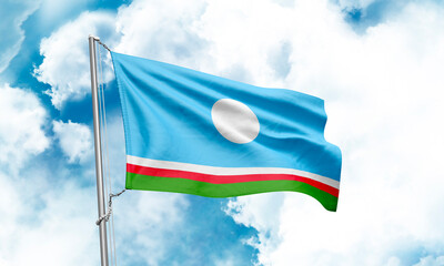 Sakha Republic flag waving on sky background. 3D Rendering