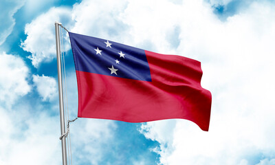 Samoa flag waving on sky background. 3D Rendering