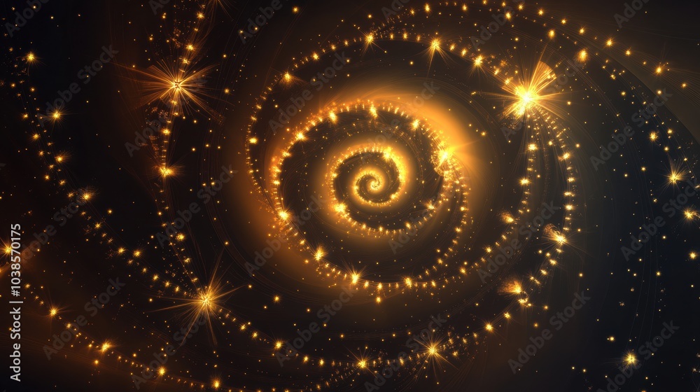 Poster Swirling golden patterns blend with sparkling stars, creating a mesmerizing abstract representation of festive spirit in darkness. Generative AI